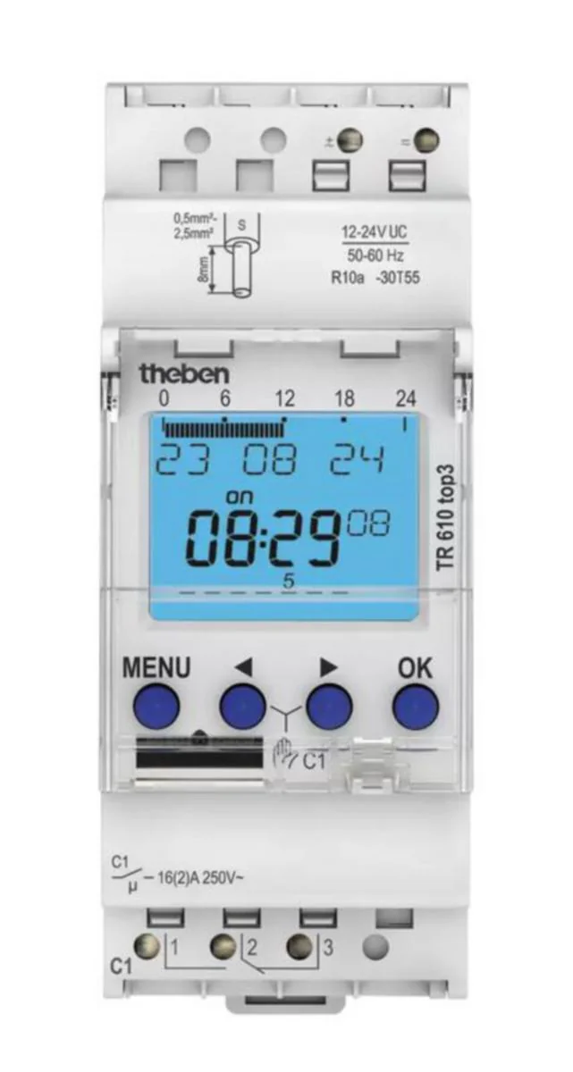 Kellokytkin Digitaaline Theben Trtop3 1M-7D 1V/16A 12/24V Din