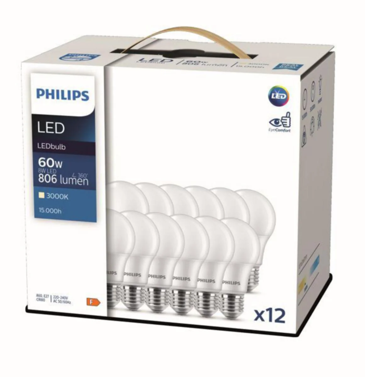 Vakiolamppu Philips E27 830 806Lm 60=8W A60 12Pcs